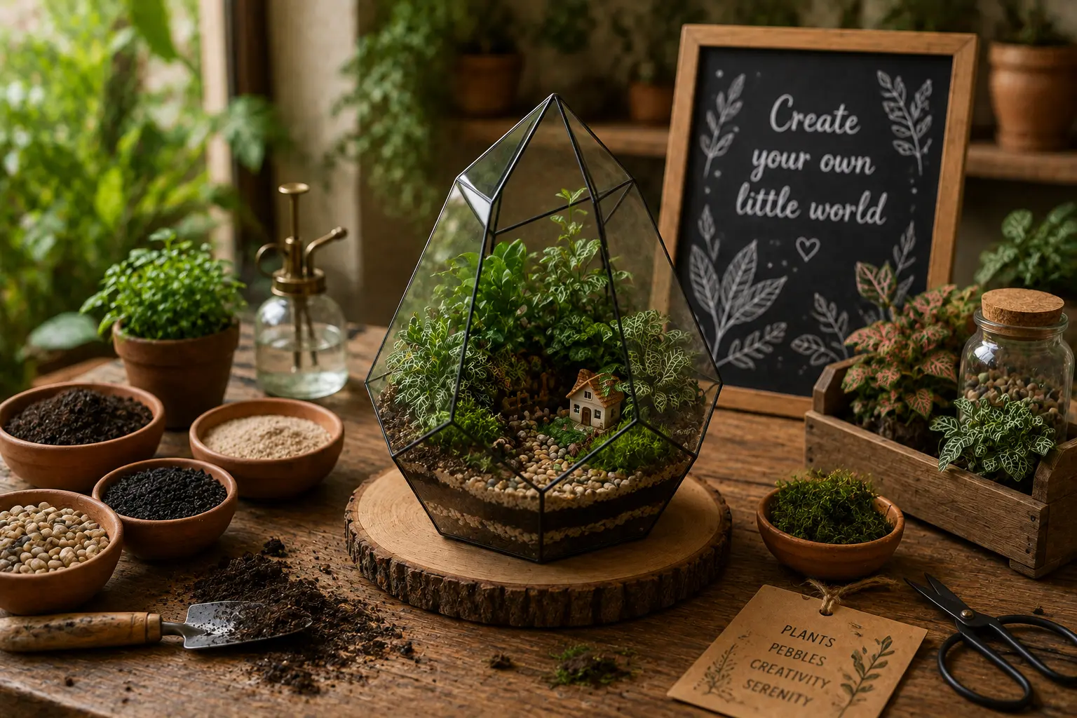 Closed glass terrarium with living plants